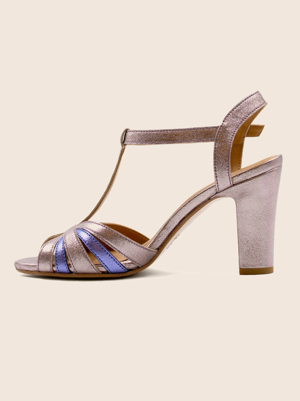 Sandales Talon Brides Cuir Argenté Bleu - Femme