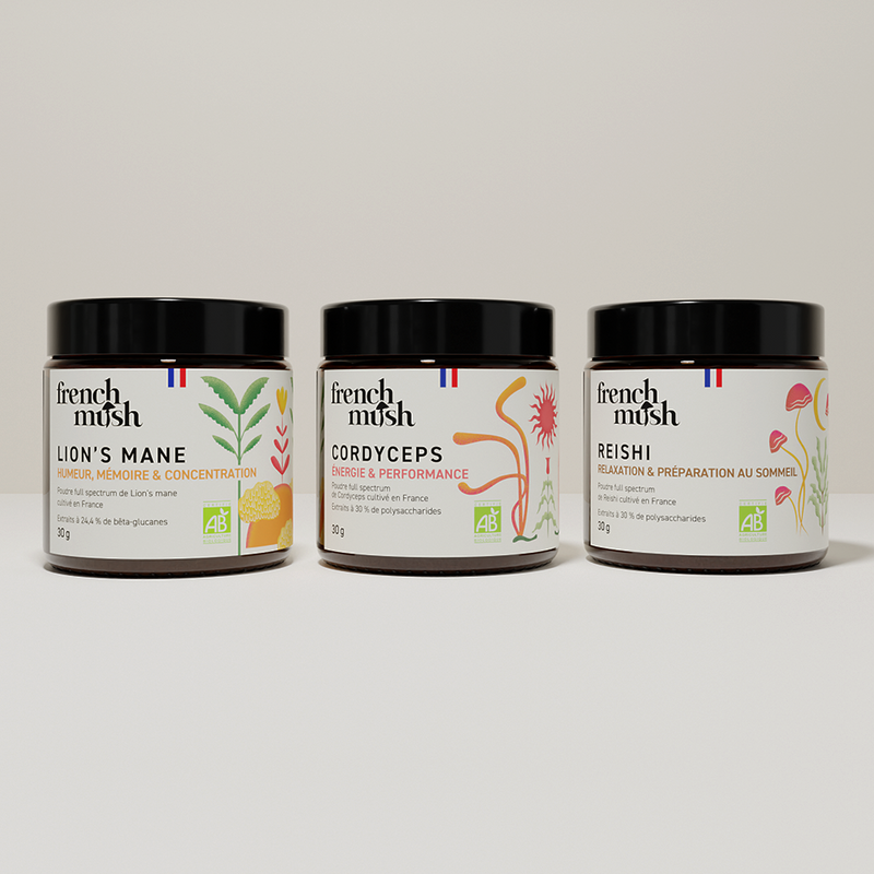French Mush compléments alimentaires à base d'extraits de champignons médicinaux biologiques fabriqués en France Le Pack Santé Mentale et Énergie extraits en poudres Bio - poudre -