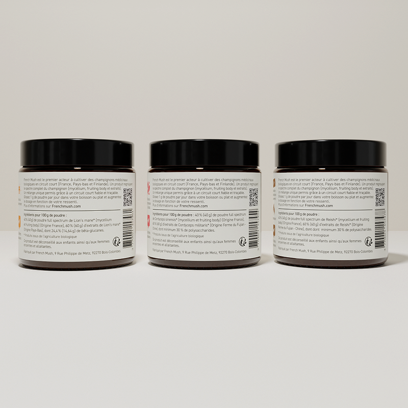 French Mush compléments alimentaires à base d'extraits de champignons médicinaux biologiques fabriqués en France Le Pack Santé Mentale et Énergie extraits en poudres Bio - poudre -