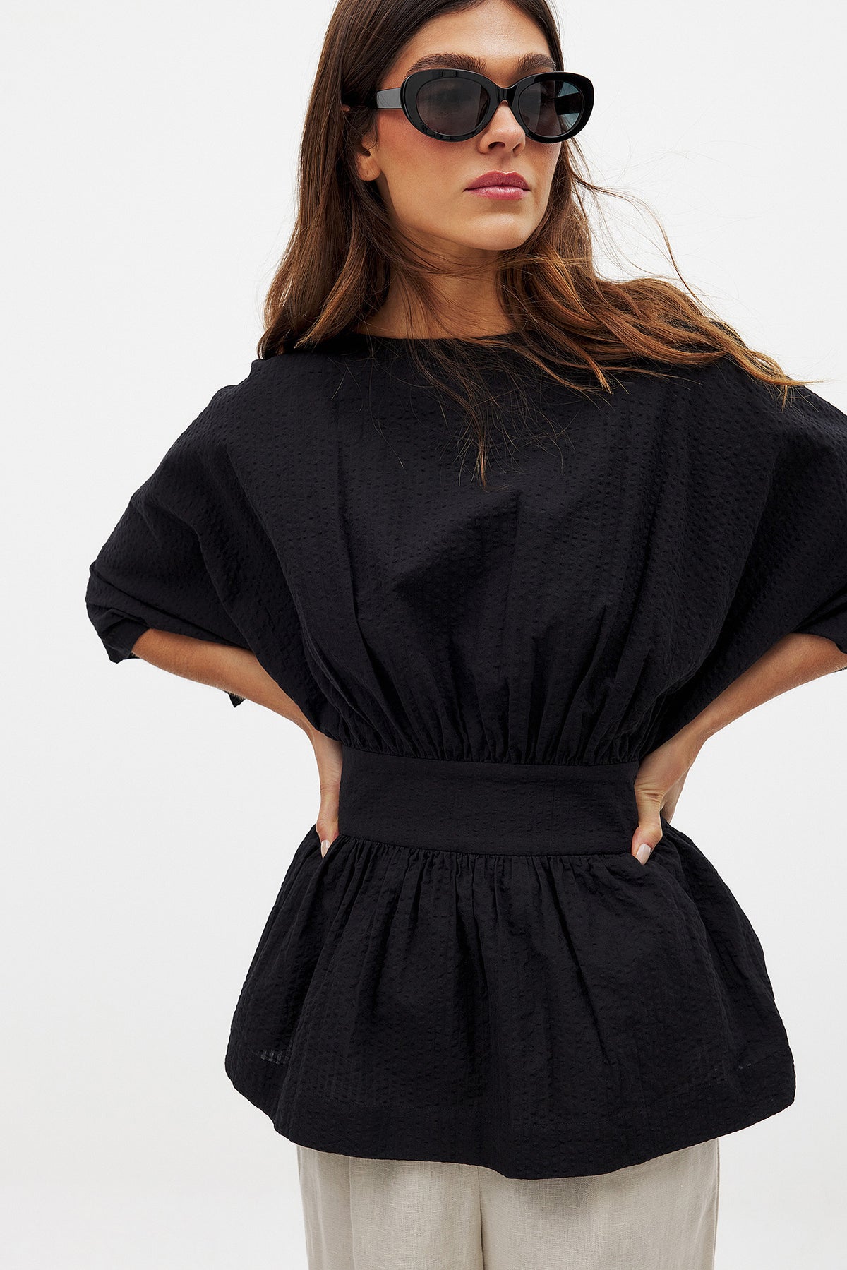 Blouse Seersucker Short Sleeve - Noir