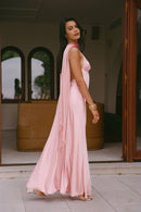 Backless Satin Dress With Pendants - Pink