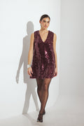 Vestido Corto Trapecio con Lentejuelas Burdeos