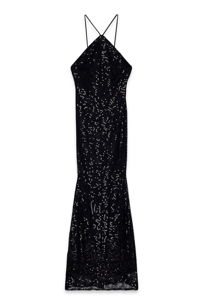 Robe Longue Dos Nu En Dentelle À Sequins Noir