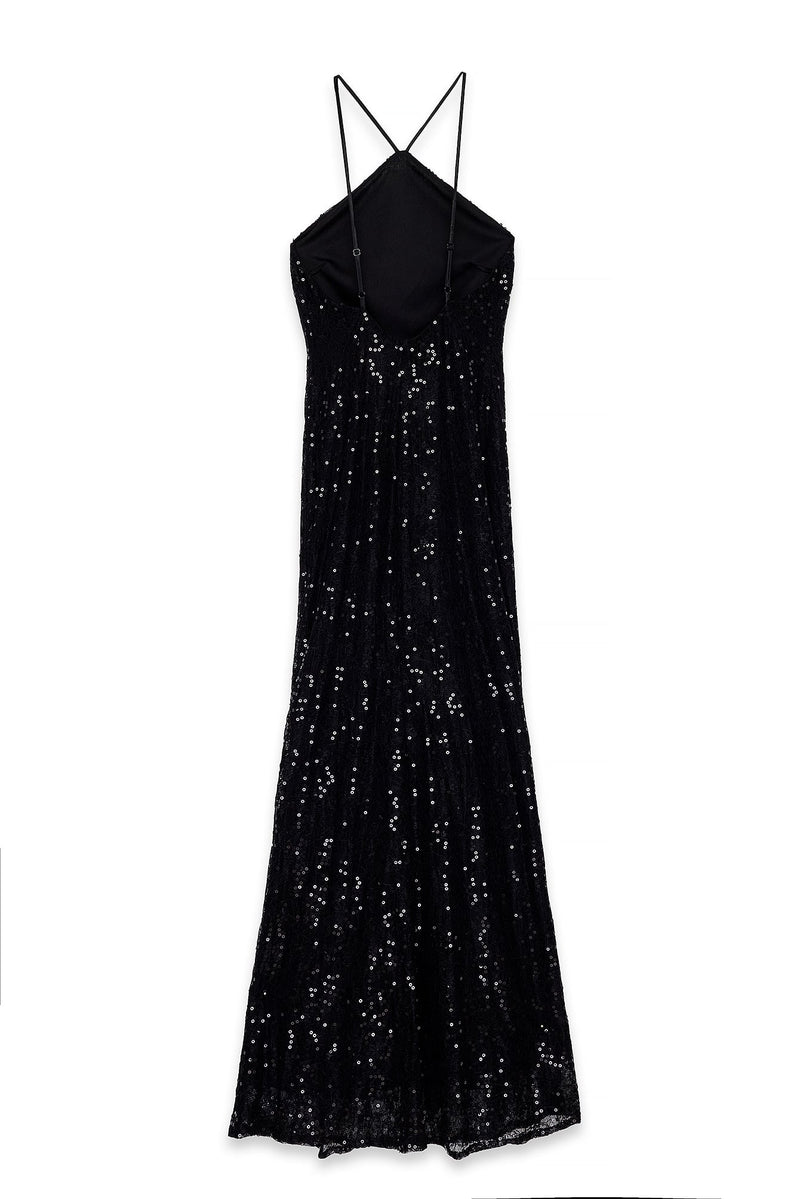 Robe Longue Dos Nu En Dentelle À Sequins Noir