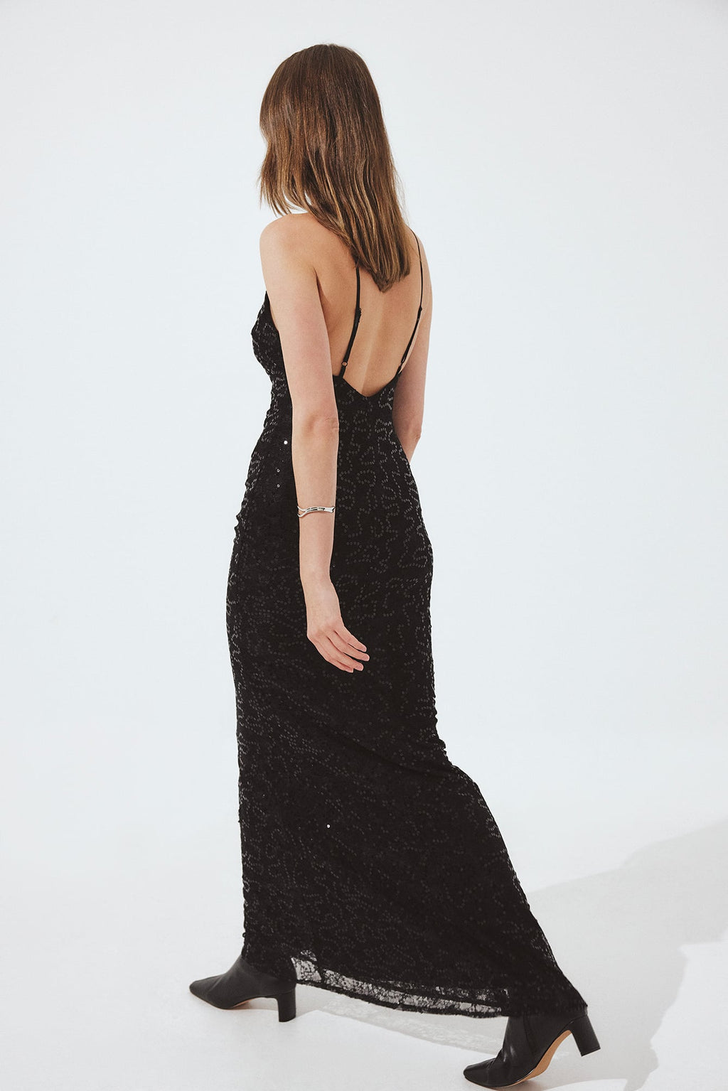 Robe Longue Dos Nu En Dentelle À Sequins Noir
