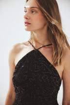Robe Longue Dos Nu En Dentelle À Sequins Noir