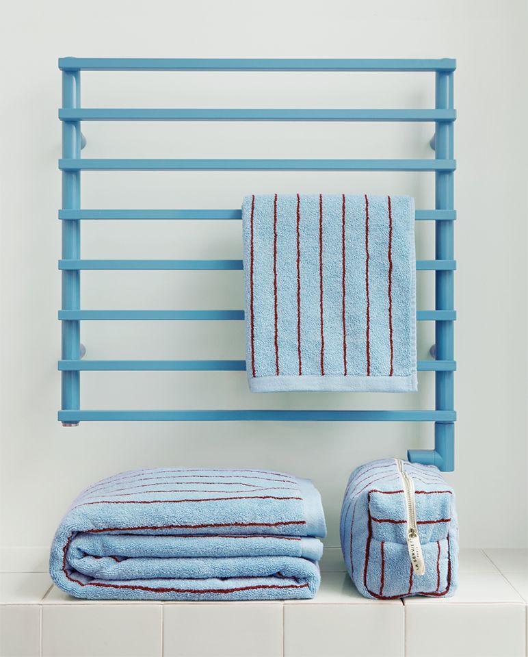 Serviette de bain - Bleu rayé Rouge