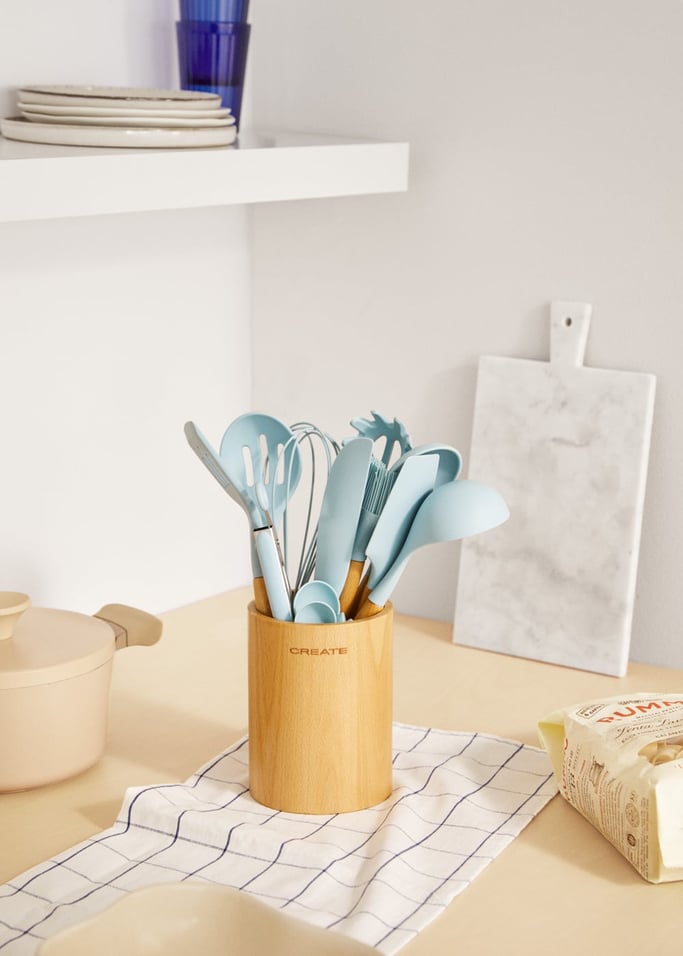 Kitchenware Studio - Utensilios de Cocina de Silicona & Madera - Azul Pastel