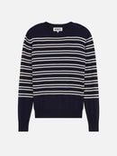 Pull En Mérinos - Bleu Marine Et Blanc - Femme