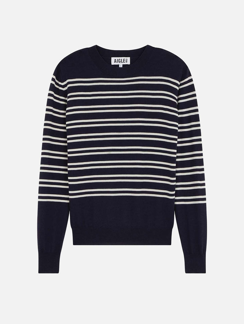 Pull En Mérinos - Bleu Marine Et Blanc - Femme