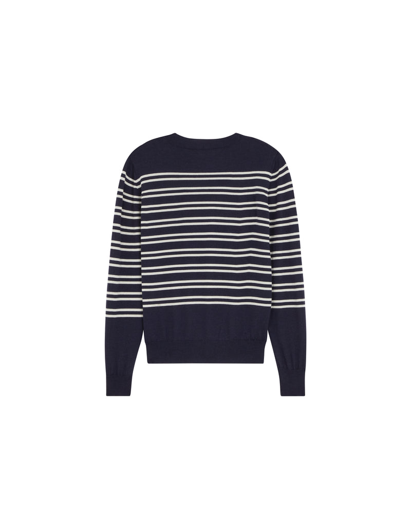 Pull En Mérinos - Bleu Marine Et Blanc - Femme