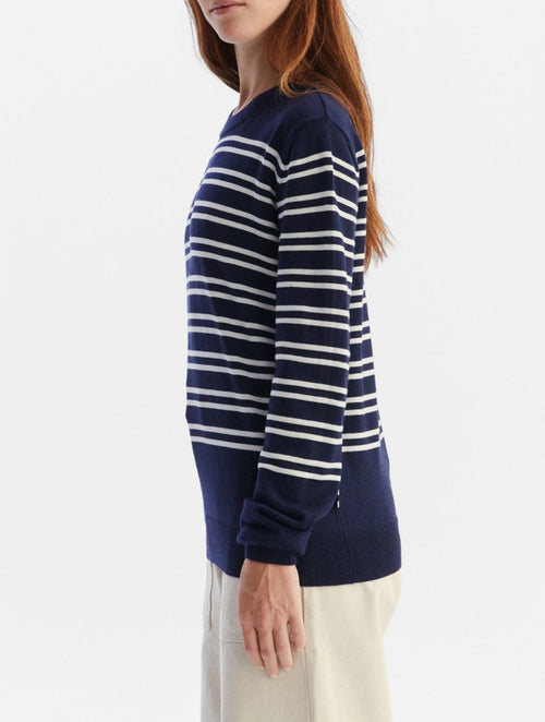 Pull En Mérinos - Bleu Marine Et Blanc - Femme