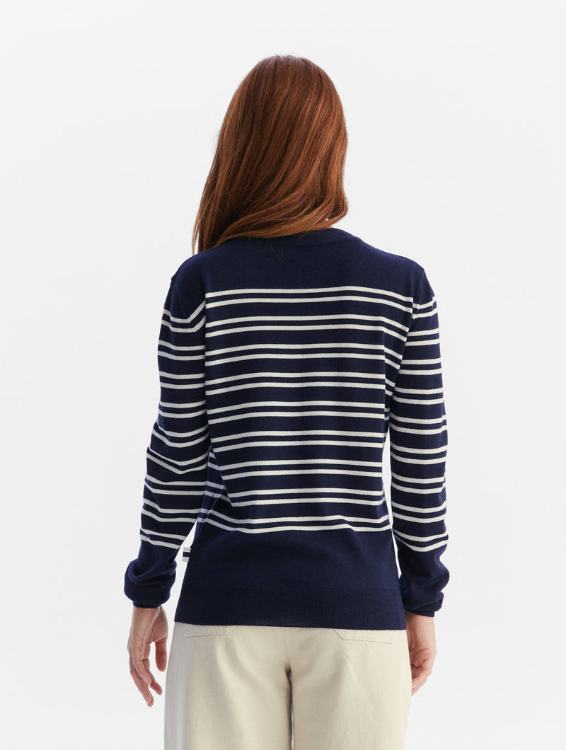 Pull En Mérinos - Bleu Marine Et Blanc - Femme