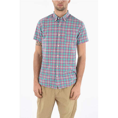 Shirt Short Sleeve Plaid Motif With Button-Down Collar