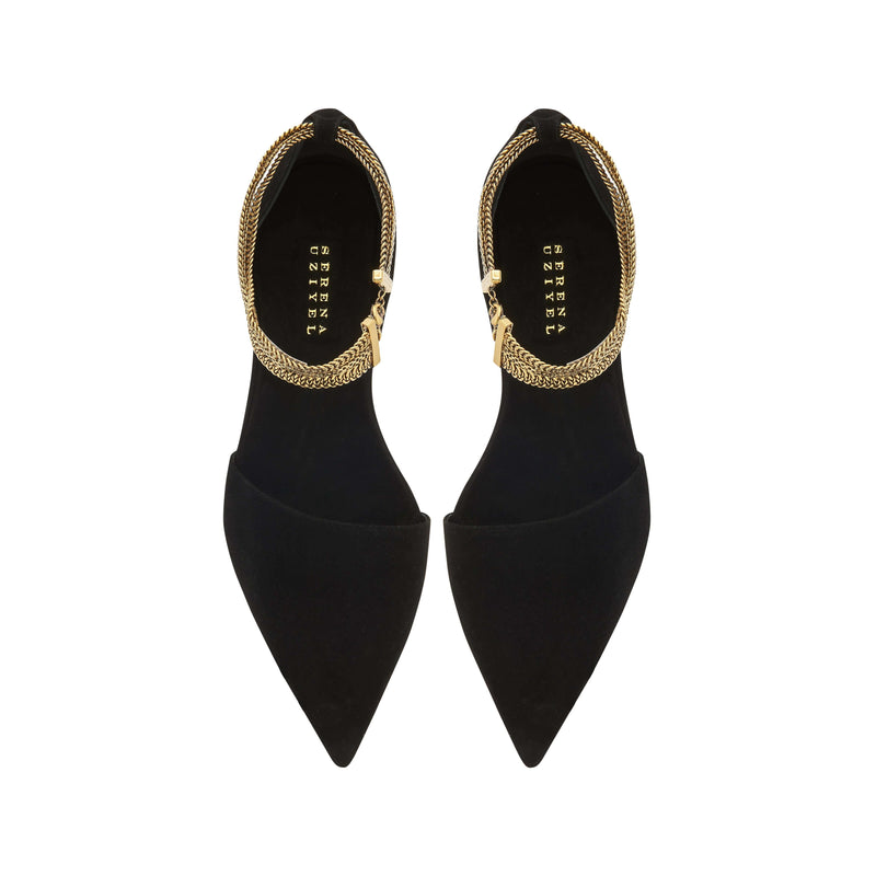 Sienna Black Flat Ballerina shoes with chainlink anklet, suede material for elegance and comfort.
