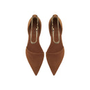 Sienna Camello Flat Ballerina in brown suede with chainlink anklet for elegance and comfort.