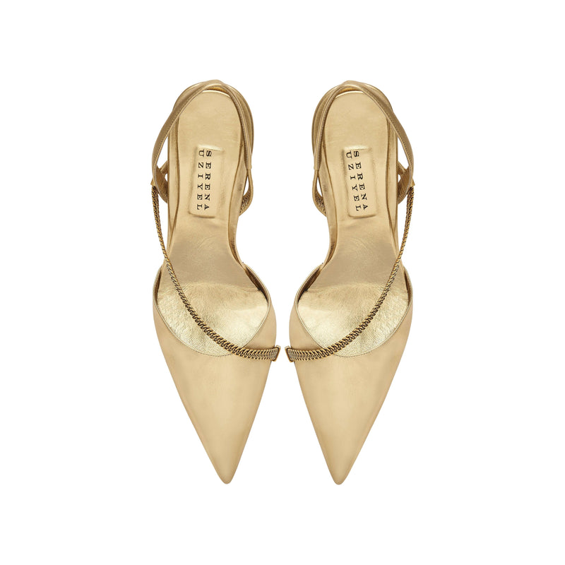 Sienna Gold High-Heel Slingback Pump with chainlink embellishment, perfect for evening wear and elegant occasions.
