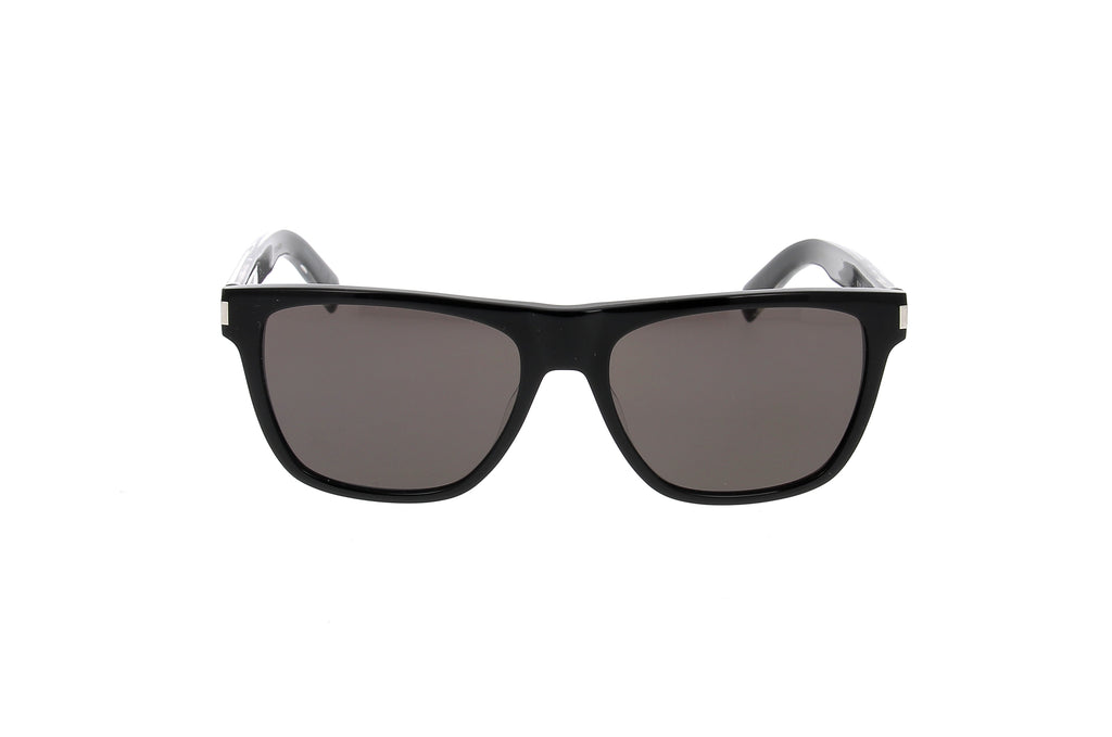 Luxury Eyewear – Solbriller - Saint Laurent, sorte solbriller med gråtonede glas, set forfra på hvid baggrund