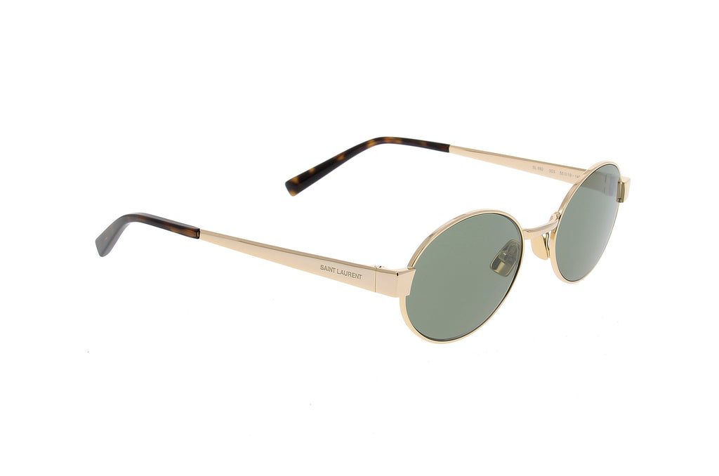 Luxury Eyewear – Okulary przeciwsłoneczne - Saint Laurent, złote owalne okulary przeciwsłoneczne z zielonymi szkłami, widok z boku