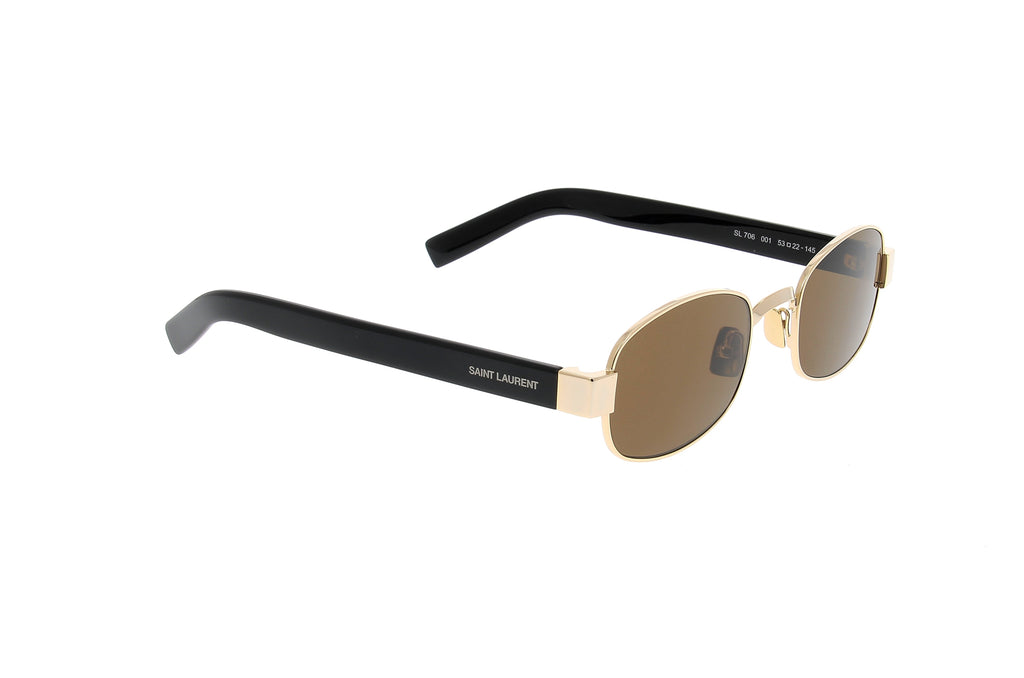 Luxury Eyewear – Occhiali da sole - Saint Laurent, occhiali da sole ovali con montatura dorata e aste nere, vista di tre quarti