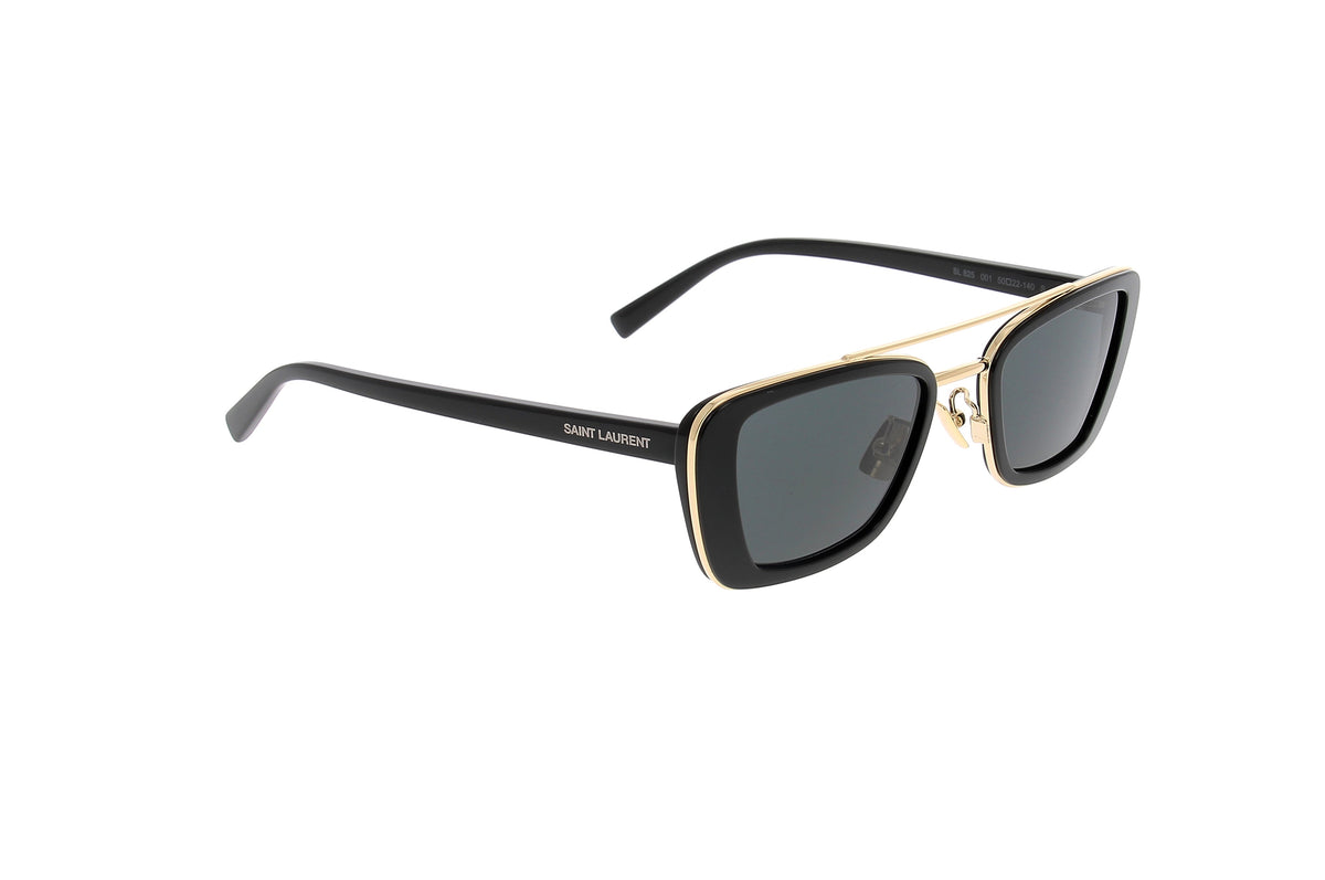 Luxury Eyewear – Sunglasses - Saint Laurent, black and gold-tone sunglasses, dark lenses, set against a white background