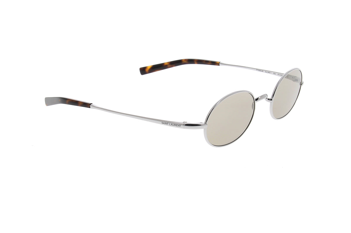 Luxury Eyewear – Solbriller - Saint Laurent, ovale solbriller med sølvfarvet stel og stænger med skildpaddemønster