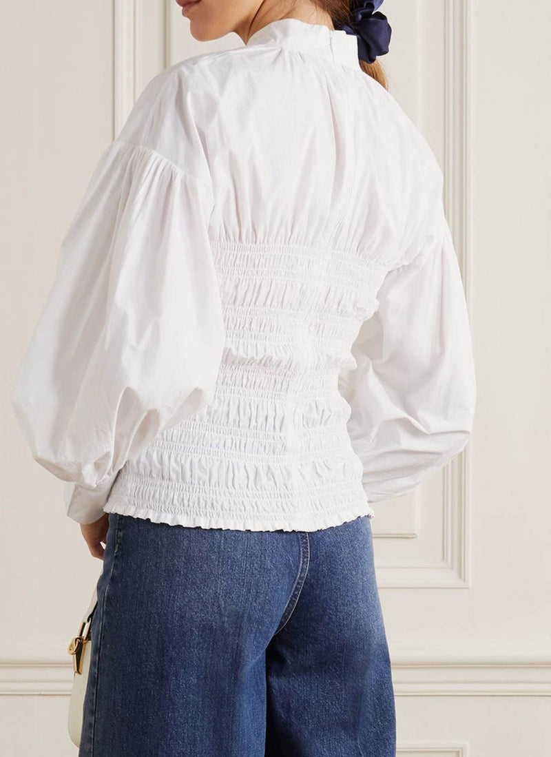 Ganni - Blouse Smockée En Popeline - Bright White - Femme