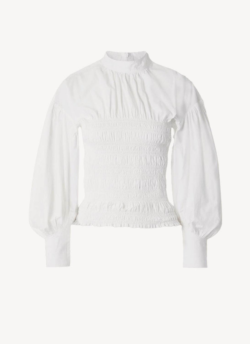 Ganni - Blouse Smockée En Popeline - Bright White - Femme