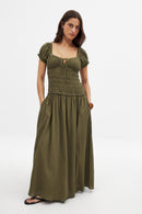 Robe Longue Smockée À Manches Courtes Vert