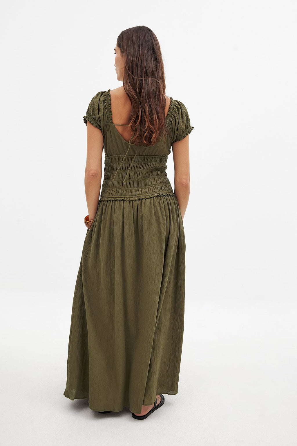 Vestido Largo Fruncido de Mangas Cortas Verde
