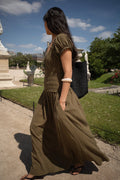 Vestido Largo Fruncido de Mangas Cortas Verde