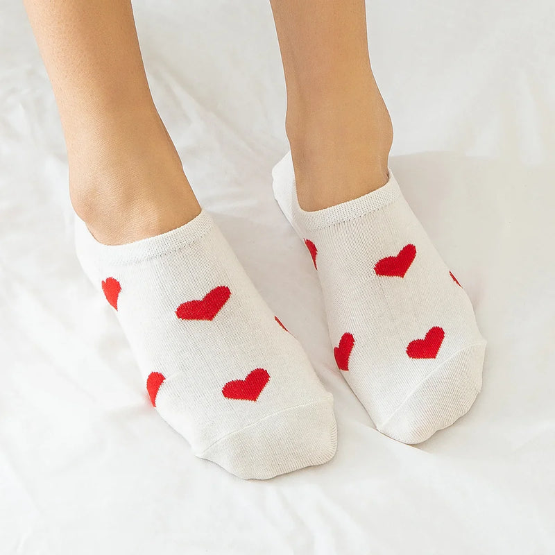 Chaussettes en coton à motif cœur rouge pour femme 