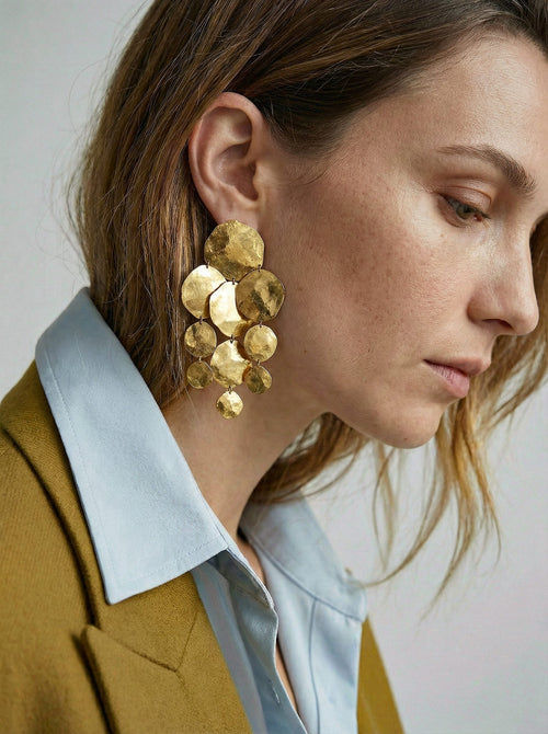 Boucles D’Oreilles Sonia Rykiel Vintage Maxi Chandelier En Plaqué Or Martelé