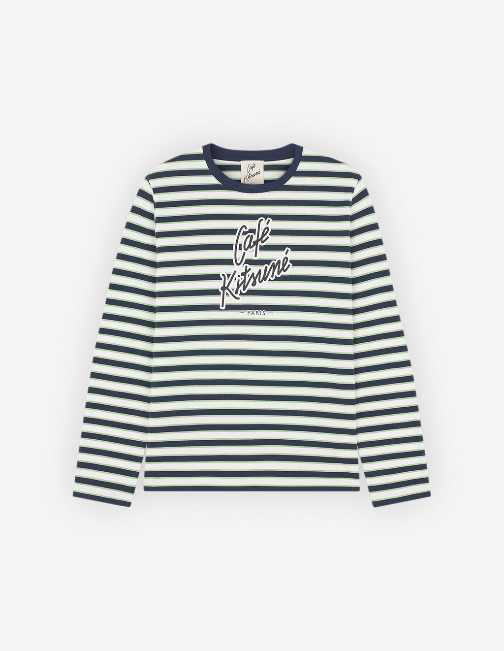 "Cafe Kitsune" Printed Long Sleeves Striped Regular T-Shirt - Navy/White/Matcha Stripes - Homme