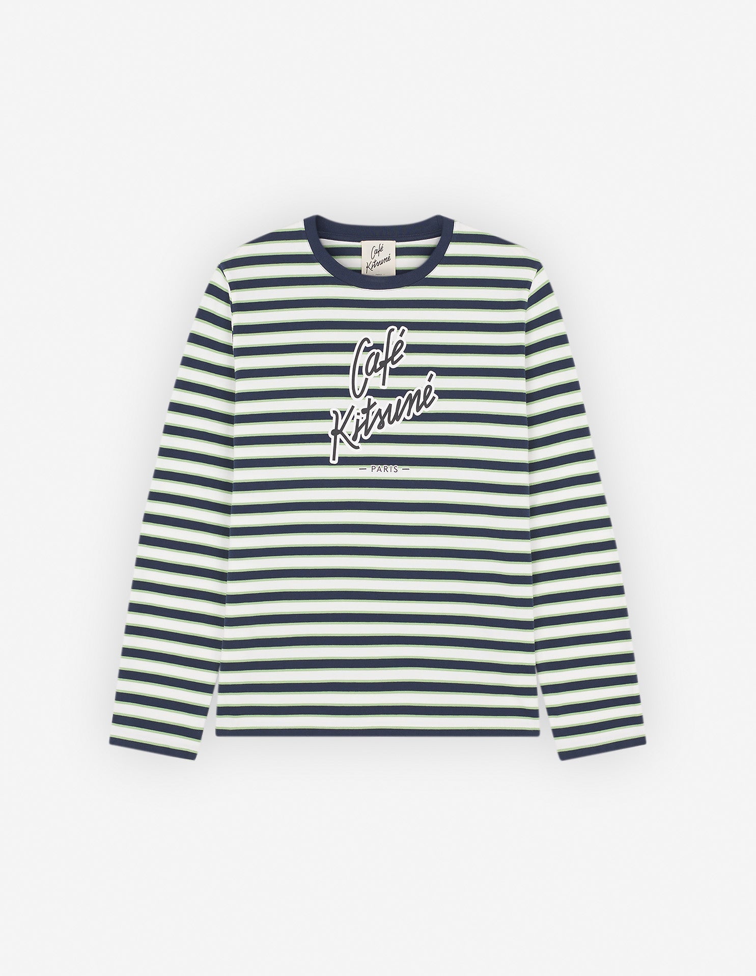 "Cafe Kitsune" Printed Long Sleeves Striped Regular T-Shirt - Navy/White/Matcha Stripes - Homme