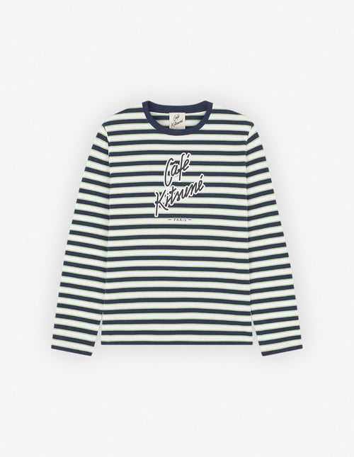 "Cafe Kitsune" Printed Long Sleeves Striped Regular T-Shirt - Navy/White/Matcha Stripes - Homme