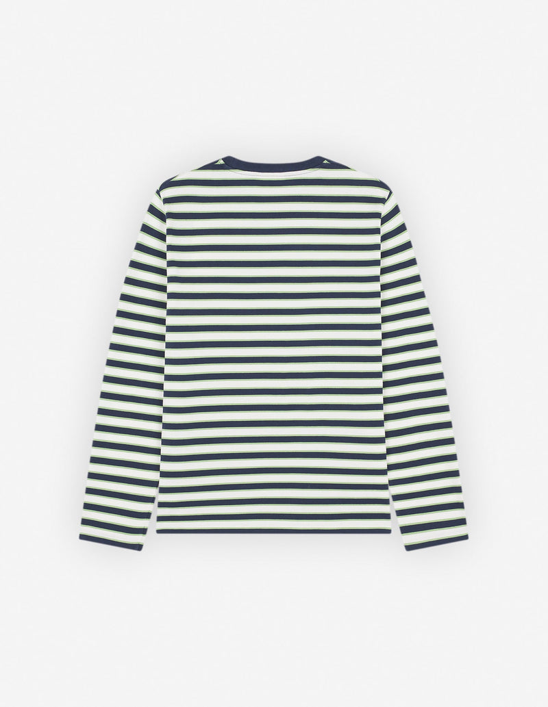 "Cafe Kitsune" Printed Long Sleeves Striped Regular T-Shirt - Navy/White/Matcha Stripes - Homme
