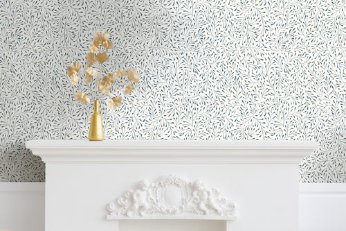 Papier Peint Spring - Bleu Doré / Fond Blanc