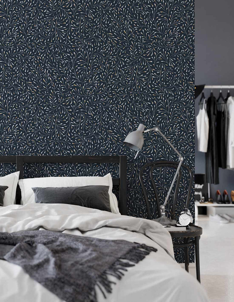 Papier Peint Spring - Blanc Doré / Fond Bleu