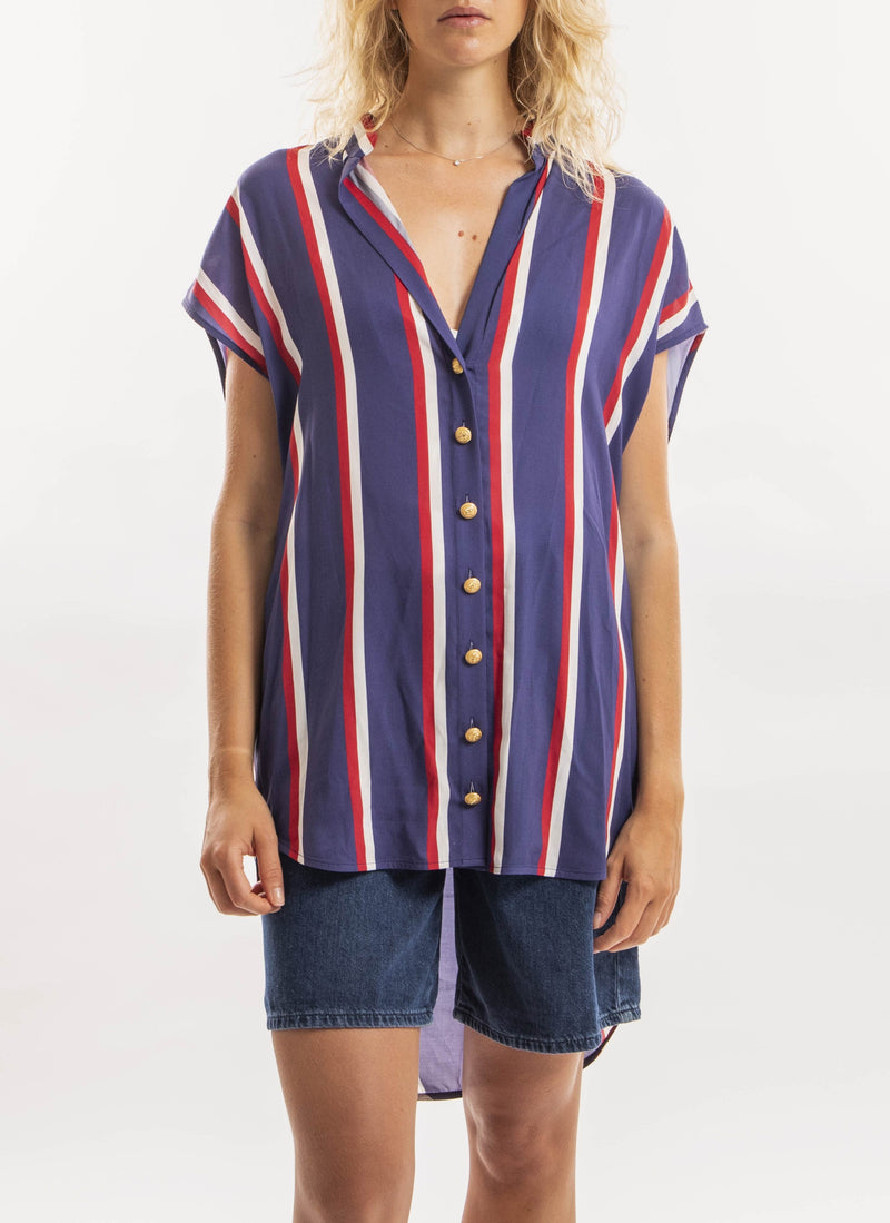 Balmain - Chemise Fluide Sans Manche - Bleu Marine Blanc Rouge - Femme