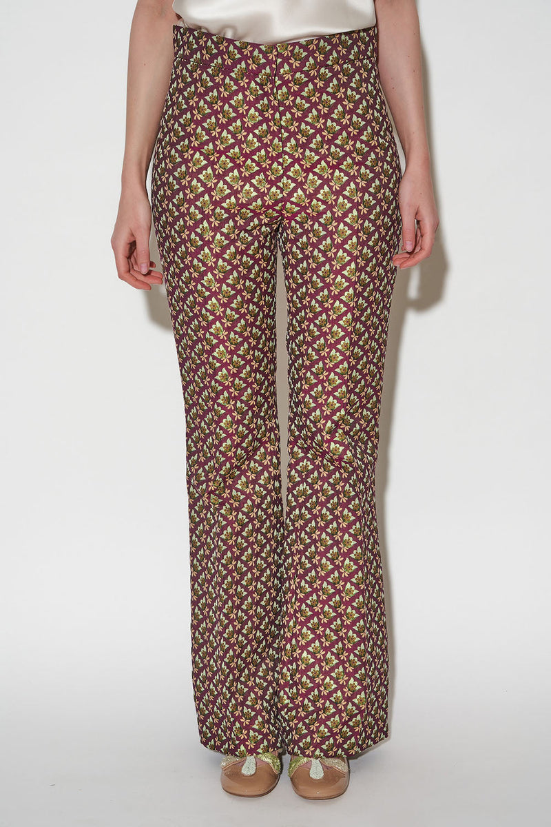 Straight-leg flared pants in floral jacquard all over face - Bordeaux
