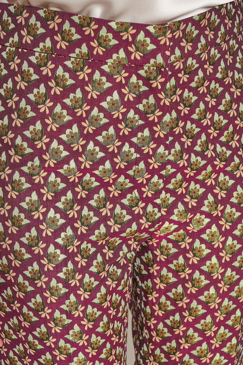 Straight-leg flared pants in floral jacquard all over details - Bordeaux