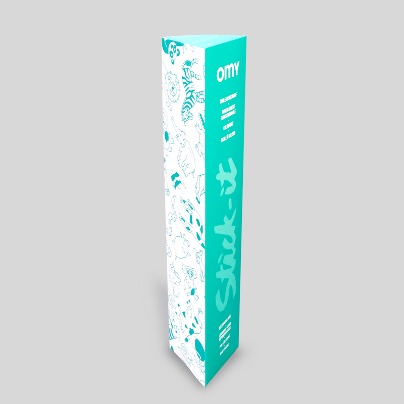 Boîte du rouleau Stick-it ANIMALS OMY, papier adhésif repositionnable à colorier, thème animaux
