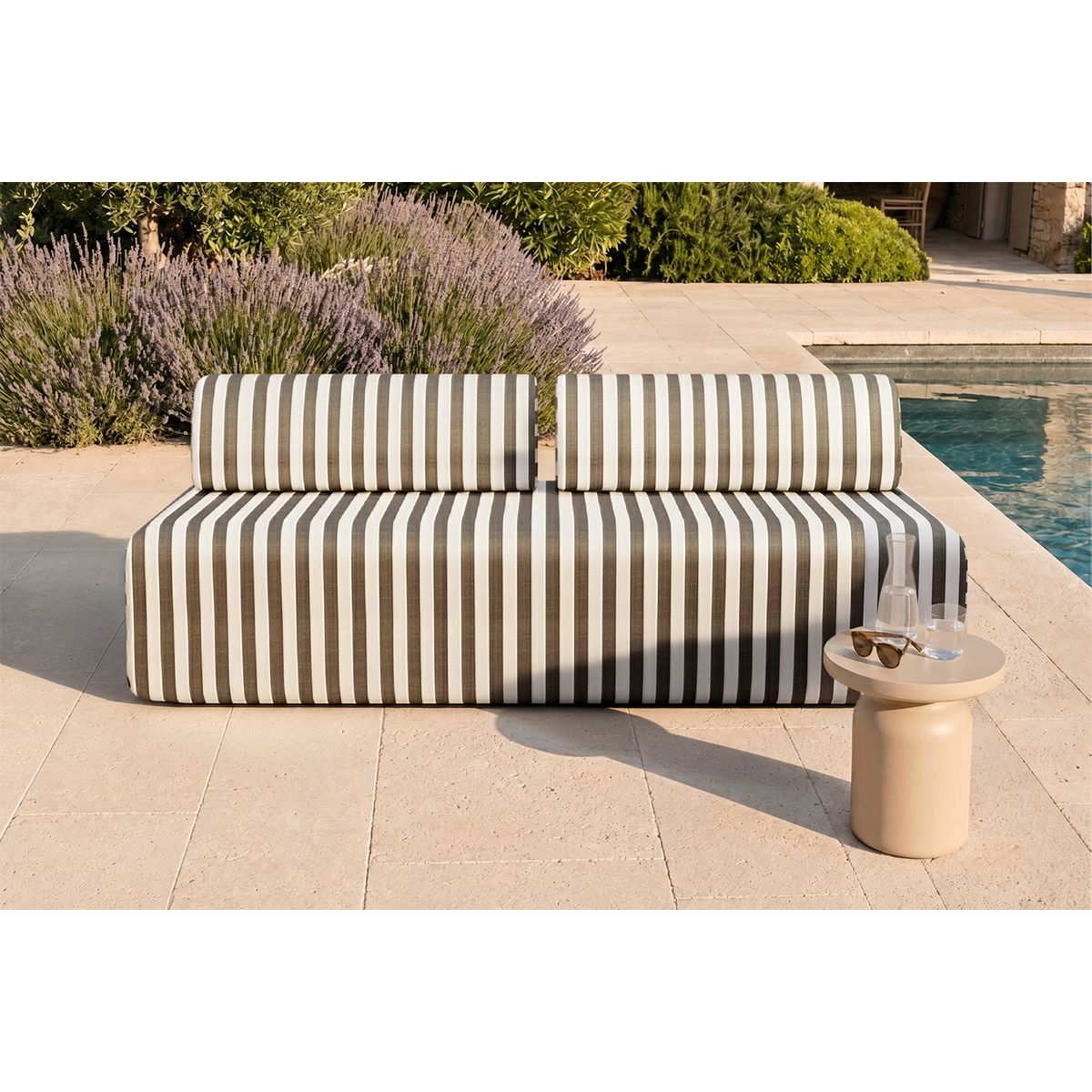 Sofá Modular de 3 Plazas - Tela Exterior a Rayas - Blanco y Gris Antracita