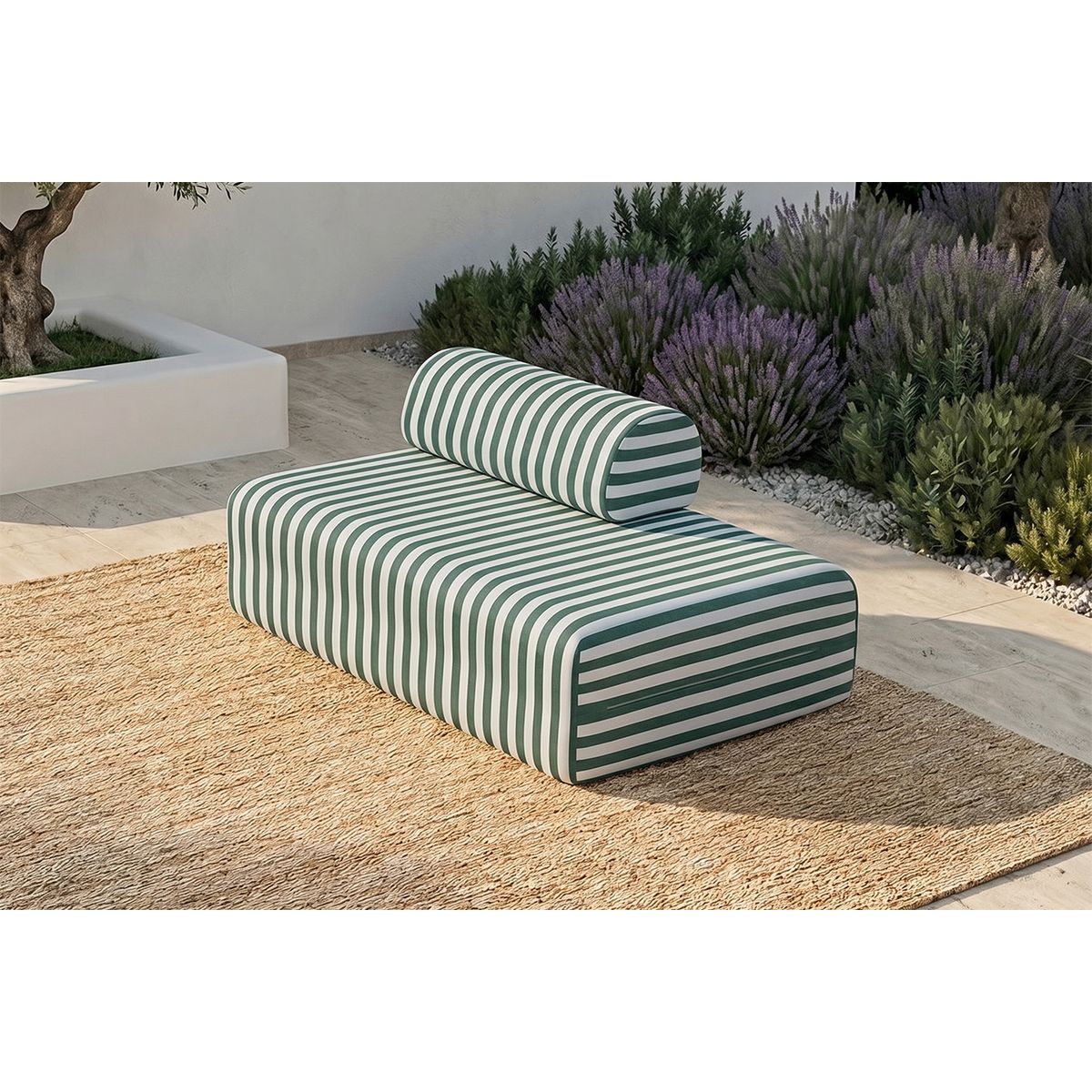 Canapé 2 Places Modulable - Tissu Extérieur À Rayures - Blanc Et Vert Foncé