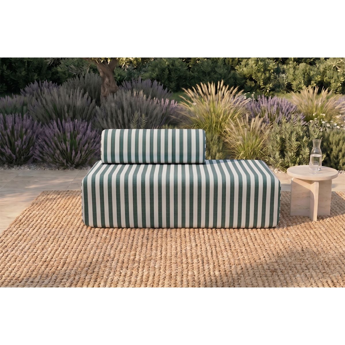 2-Seater Modular Sofa - Striped Outdoor Fabric - White and Dark Green