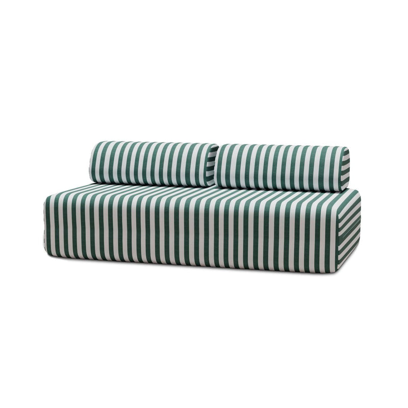 Canapé 3 Places Modulable - Tissu Extérieur À Rayures, Blanc Et Vert Foncé