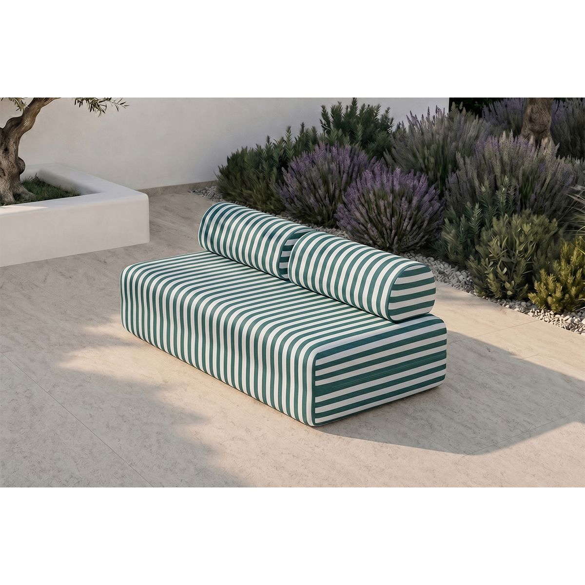 Canapé 3 Places Modulable - Tissu Extérieur À Rayures - Blanc Et Vert Foncé