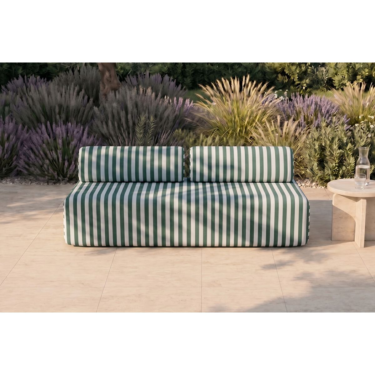 Sofá Modular de 3 Plazas - Tela Exterior a Rayas - Blanco y Verde Oscuro