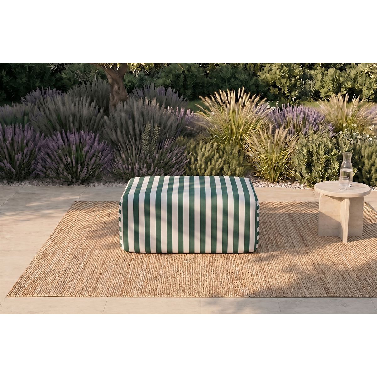 Puf Modular - Tela Exterior a Rayas - Blanco y Verde Oscuro